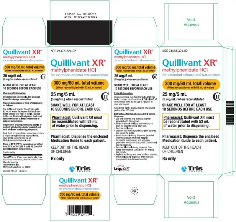 PRINICPAL DISPLAY PANEL NDC 24478-321-02 QUILLIVANT XR® methylphenidate HCI for extended-release oral suspension 300 mg/ 60 mL total volume (When reconstituted with 53 mL of water) 25 mg/5 mL (5 mg/mL) When reconstituted Rx Only