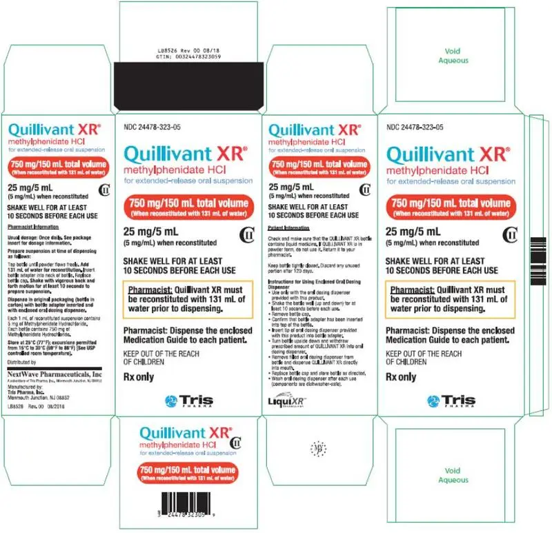 PRINICPAL DISPLAY PANEL NDC 24478-323-05 QUILLIVANT XR® methylphenidate HCI for extended-release oral suspension 750 mg/ 150 mL total volume (When reconstituted with 131 mL of water) 25 mg/5 mL (5 mg/mL) When reconstituted Rx Only