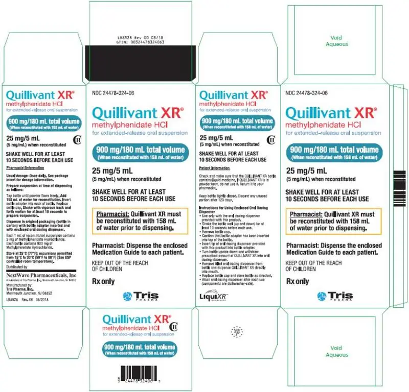 PRINICPAL DISPLAY PANEL NDC 24478-324-06 QUILLIVANT XR® methylphenidate HCI for extended-release oral suspension 900 mg/ 180 mL total volume (When reconstituted with 158 mL of water) 25 mg/5 mL (5 mg/mL) When reconstituted Rx Only