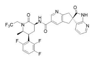 The active ingredient of TRADENAME is atogepant, a calcitonin gene-related peptide (CGRP) receptor antagonist. The chemical name of atogepant is (S)-N-((3S,5S,6R)-6-methyl-2-oxo-1-(2,2,2-trifluoroethyl)-5-(2,3,6-trifluorophenyl)piperidin-3-yl)-2'-oxo-1',2',5,7-tetrahydrospiro[cyclopenta[b]pyridine-6,3'-pyrrolo[2,3-b]pyridine]-3-carboxamide and has the following structural formula: