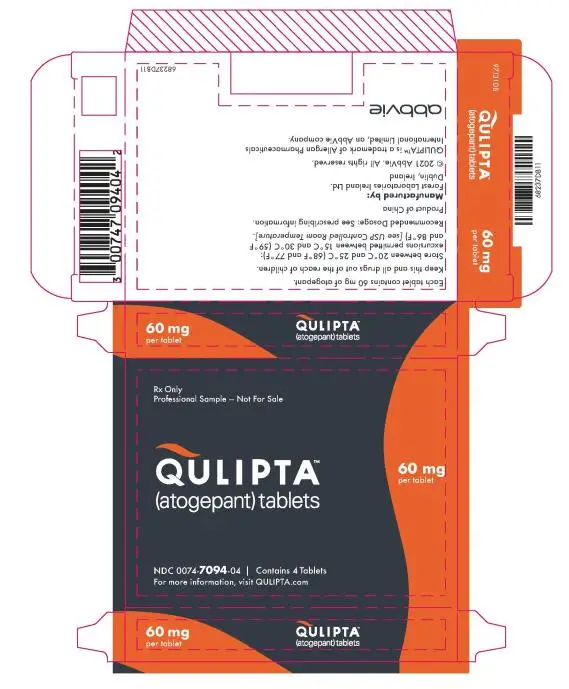 PRINCIPAL DISPLAY PANEL
NDC 0074-7094-04
QULIPTA™
(atogepant) tablets
Rx Only
Professional Sample – Not For Sale
60 mg
Contains 4 Tablets
For more information, visit QULIPTA.com

