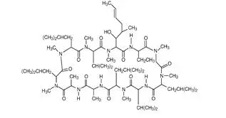 The following structure for RESTASIS® (cyclosporine ophthalmic emulsion) 0.05% contains a topical calcineurin inhibitor immunosuppressant with anti-inflammatory effects. Cyclosporine’s chemical name is Cyclo[[(E)-(2S,3R,4R)-3-hydroxy-4-methyl-2-(methylamino)-6-octenoyl]-L-2-aminobutyryl-N-methylglycyl-N-methyl-L-leucyl-L-valyl-N-methyl-L-leucyl-L-alanyl-D-alanyl-N-methyl-L-leucyl-N-methyl-L-leucyl-N-methyl-L-valyl].