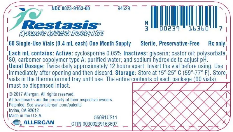 NDC 0023-9163-60 
94529
Restasis® 
(Cyclosporine Ophthalmic Emulsion) 0.05%
60 Single-Use Vials (0.4 mL each) One Month Supply Sterile, Preservative-Free
Rx only
ee
