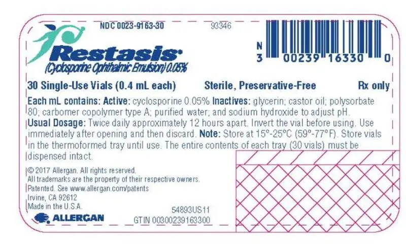 NDC 0023-9163-30 
93346
Restasis® 
(Cyclosporine Ophthalmic Emulsion) 0.05%
30 Single-Use Vials (0.4 mL each) Sterile, Preservative-Free
Rx Only
