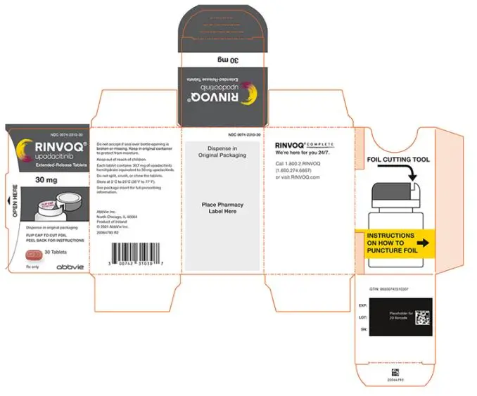 NDC 0074-2310-30 
RINVOQ®
upadacitinib 
Extended-Release Tablets
30 mg
Dispense in original packaging 
FLIP CAP TO CUT FOIL 
PEEL BACK FOR INSTRUCTIONS 
30 Tablets 
Rx only 
abbvie
