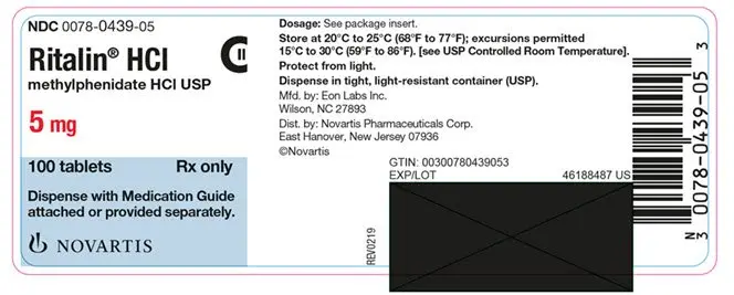 PRINCIPAL DISPLAY PANEL
									NDC 0078-0439-05
									Ritalin® HCL
									methylphenidate HCL USP
									5 mg
									100 tablets
									Rx only
									Dispense with Medication Guide attached or provided separately.
									NOVARTIS