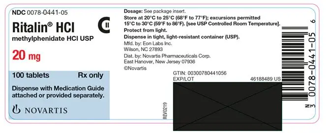 PRINCIPAL DISPLAY PANEL
									NDC 0078-0441-05
									Ritalin® HCL
									methylphenidate HCL USP
									20 mg
									100 tablets
									Rx only
									Dispense with Medication Guide attached or provided separately.
									NOVARTIS
							