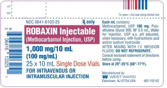 Robaxin Injectable (Methocarbamol Injection, USP) 1,000 mg/10 mL (100 mg/mL) 25 x 10 mL Single Dose Vials