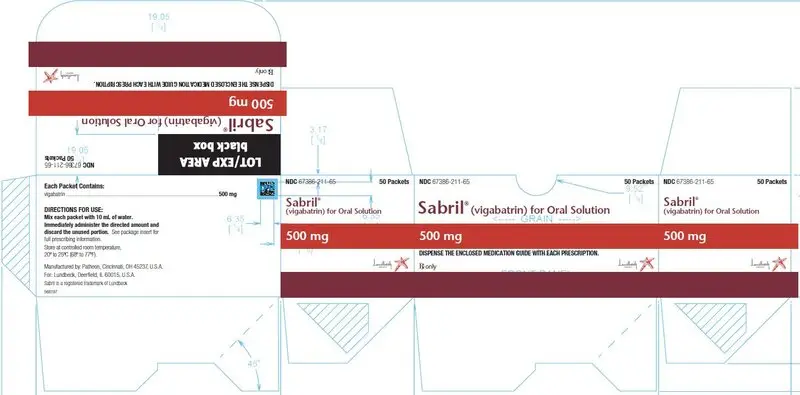 PRINCIPAL DISPLAY PANEL NDC 67386-211-65 Sabril® (vigabatrin) for Oral Solution 500 mg DISPENSE THE ENCLOSED MEDICATION GUIDE WITH EACH PRESCRIPTION. Rx only 50 Packets