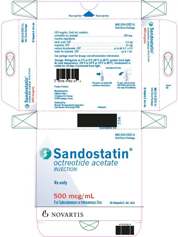 PRINCIPAL DISPLAY PANEL
							NDC 0078-0182-01
							Unit Dose Package
							Sandostatin®
							octreotide acetate
							INJECTION
							Rx only
							500 mcg/mL
							For Subcutaneous or Intravenous Use
							10 Ampuls/1 mL size
							NOVARTIS
							