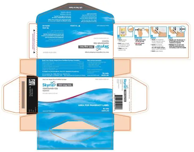 NDC 0074-1050-01
One 1 mL Single-Dose Prefilled Syringe
Skyrizi® 150 mg/mL
risankizumab-rzaa Injection 
FOR SUBCUTANEOUS USE ONLY
Return to pharmacy if carton perforations are broken.
ATTENTION PHARMACIST:
Each patient is required to receive 
the enclosed Medication Guide.
This entire carton is dispensed as a unit.
www.SKYRIZI.com
Rx only
abbvie
