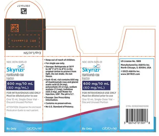 NDC 0074-5015-01 
Skyrizi®
risankizumab-rzaa Injection 
600 mg/10 mL
(60 mg/mL)
FOR INTRAVENOUS USE ONLY 
Must be diluted prior to use
One 10 mL Single-Dose Vial-
Discard Unused Portion
Attention: Dispense the enclosed Medication Guide to each patient.
Rx only
abbvie
