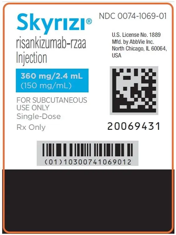 NDC 0074-1069-01
Skyrizi®
Risankizumab-rzaa
Injection
360 mg/2.4 mL
(150 mg/mL)
FOR SUBCUTANEOUS USE ONLY
Single-Dose
Rx Only
