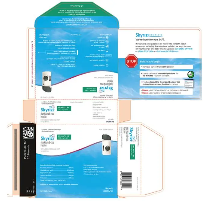 NDC 0074-1065-01 
1 x 1.2 mL Prefilled Cartridge
1 On-Body Injector
Skyrizi®
risankizumab-rzaa Injection 
(180 mg/1.2 mL)
150 mg/mL
FOR SUBCUTANEOUS USE ONLY 
Single Dose
SKYRIZI.com
Rx only
abbvie
