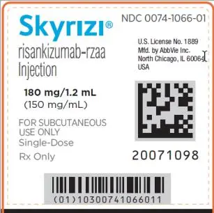 NDC 0074-1066-01
Skyrizi®
Risankizumab-rzaa
Injection
180 mg/1.2 mL
(150 mg/mL)
FOR SUBCUTANEOUS USE ONLY
Single-Dose
Rx Only
