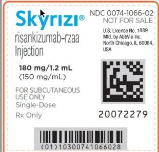 NDC 0074-1066-02
NOT FOR SALE
Skyrizi®
Risankizumab-rzaa
Injection
180 mg/1.2 mL
(150 mg/mL)
FOR SUBCUTANEOUS USE ONLY
Single-Dose
Rx Only
