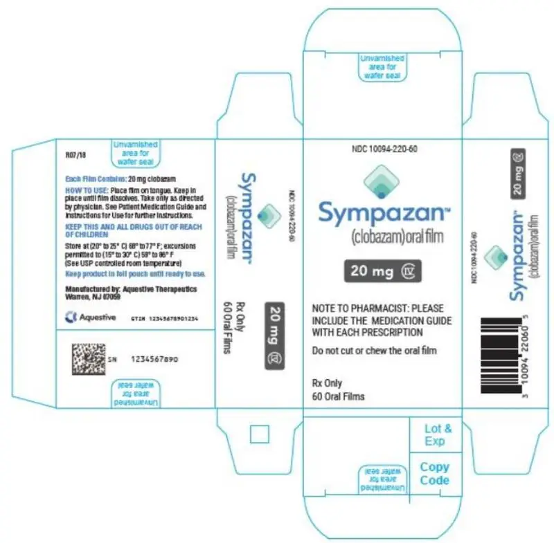 PRINCIPAL DISPLAY PANEL
NDC 10094-220-60
Sympazan
(clobazam) Oral film
20 mg
Rx Only
60 Oral films
