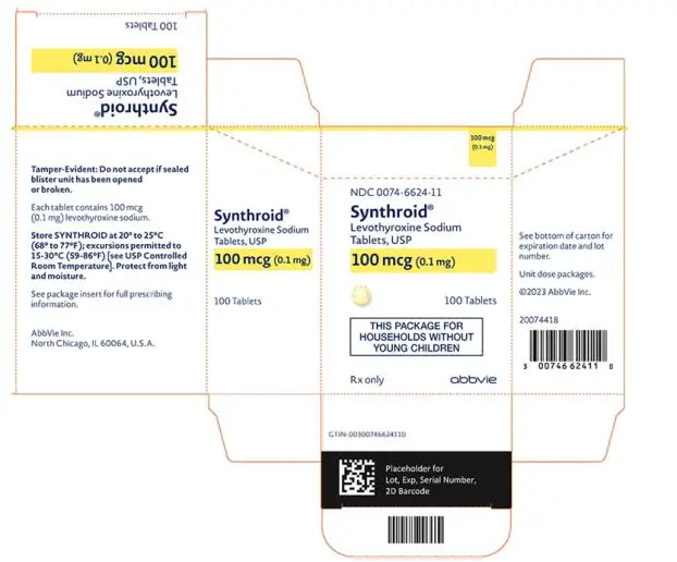 NDC 0074-6624-11 
Synthroid®
Levothyroxine Sodium 
Tablets, USP 
100 mcg (0.1 mg) 
100 Tablets 
THIS PACKAGE FOR 
HOUSEHOLDS WITHOUT 
YOUNG CHILDREN 
Rx only abbvie 
