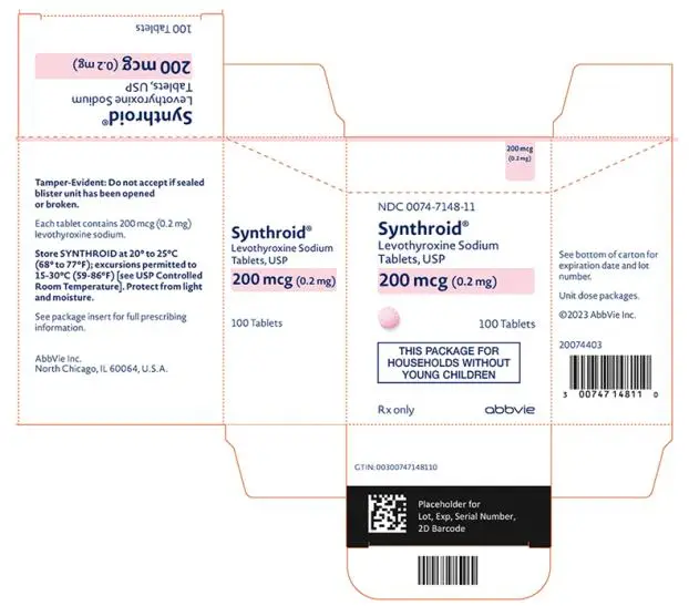 NDC 0074-7148-11 
Synthroid®
Levothyroxine Sodium 
Tablets, USP 
200 mcg (0.2 mg) 
100 Tablets 
THIS PACKAGE FOR 
HOUSEHOLDS WITHOUT 
YOUNG CHILDREN 
Rx only abbvie 
