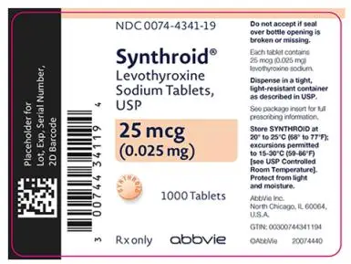 NDC 0074-4341-19 
Synthroid®
Levothyroxine 
Sodium Tablets, 
USP 
25 mcg 
(0.025 mg) 
1000 Tablets 
Rx only abbvie
