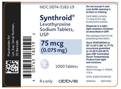 NDC 0074-5182-19 
Synthroid®
Levothyroxine 
Sodium Tablets, 
USP 
75 mcg 
(0.075 mg) 
1000 Tablets 
Rx only abbvie 
