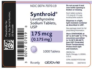 NDC 0074-7070-19 
Synthroid®
Levothyroxine 
Sodium Tablets, 
USP 
175 mcg 
(0.175 mg) 
1000 Tablets 
Rx only abbvie 

