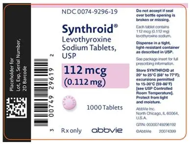 NDC 0074-9296-19 
Synthroid®
Levothyroxine 
Sodium Tablets, 
USP 
112 mcg 
(0.112 mg) 
1000 Tablets 
Rx only abbvie 
