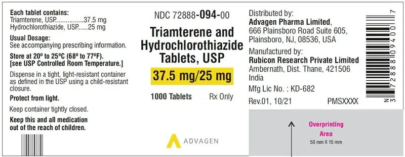 Triamterene and Hydrochlorothiazide Tablets, USP 37.5mg/25 mg  - NDC 72888-094-00 - 1000s Label