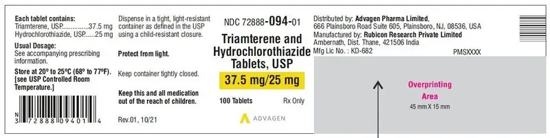 Triamterene and Hydrochlorothiazide Tablets, USP 37.5mg/25 mg  - NDC 72888-094-01  - 100s Label