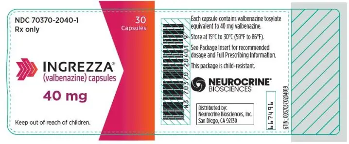 NDC 70370-2040-1
INGREZZA
(valbenazine) capsules
40 mg
30 Capsules
Rx Only
