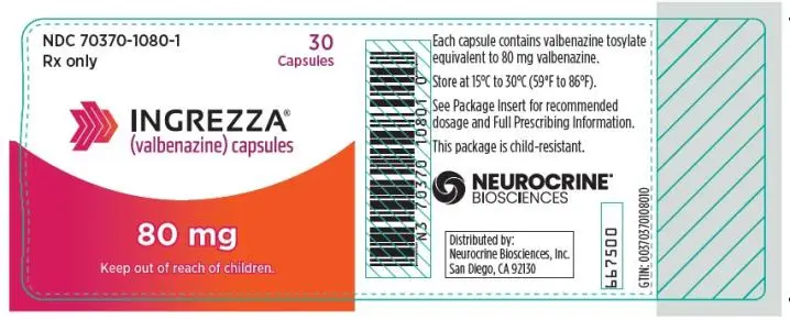 NDC 70370-1080-1
INGREZZA
(valbenazine) capsules
80 mg
30 Capsules
Rx Only
