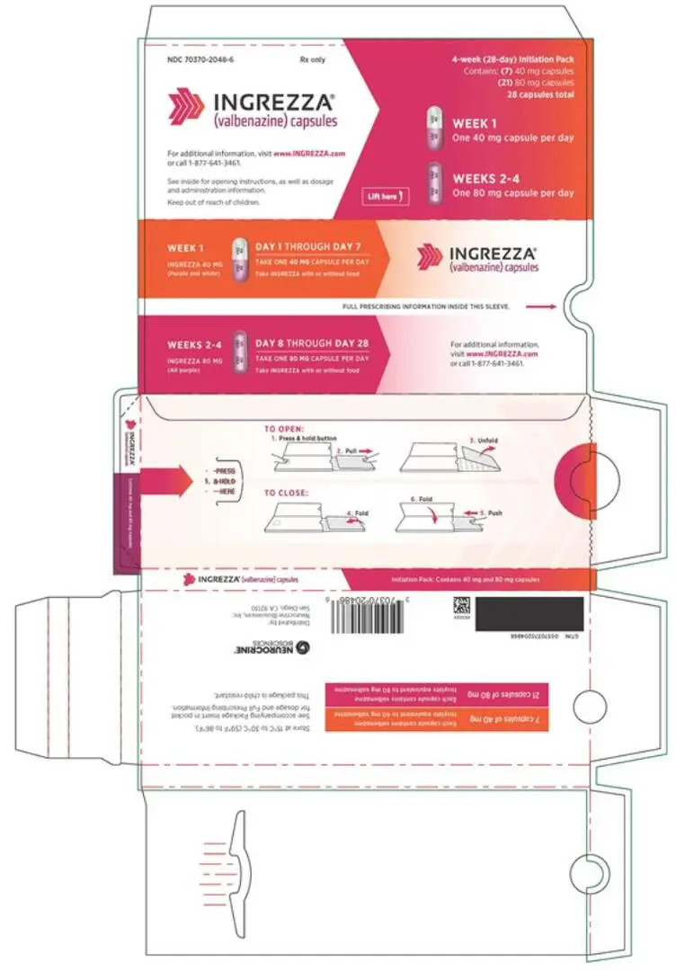 NDC 70370-2048-6
INGREZZA
(valbenazine) capsules
7 x 40 mg / 21 x 80 mg capsules
28-day Initiation Pack
Rx Only
