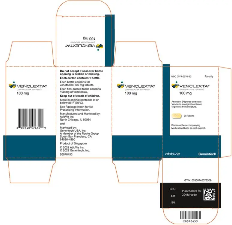 NDC 0074-0576-30®
Rx only
VENCLEXTA
(venetoclax tablets)
100 mg
Attention: Dispense and store Venclexta in original container to protect from moisture.
28 Tablets
Dispense the accompanying Medication Guide to each patient. 
abbvie
Genentech
