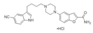 The structural formula for Vilazodone HCl is 2-benzofurancarboxamide, 5-[4-[4-(5-cyano-1H-indol-3-yl)butyl]-1-piperazinyl]-, hydrochloride (1:1). Its molecular weight is 477.99.  