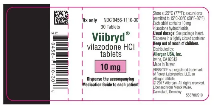 NDC 0456-1110-30
Viibryd
vilazodone HCI
tablets
30 Tablets
10 mg
Rx Only
