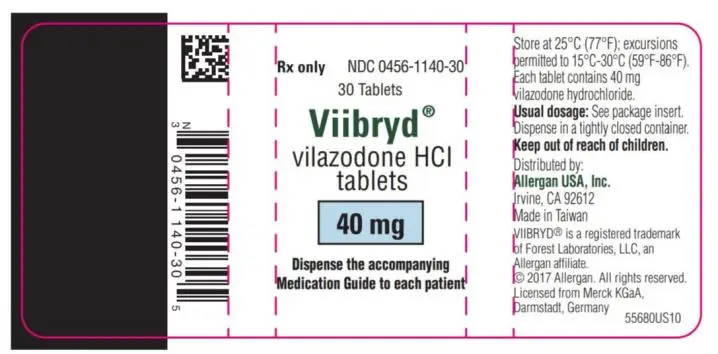 NDC 0456-1140-30
Viibryd
vilazodone HCI
tablets
30 Tablets
40 mg
Rx Only
