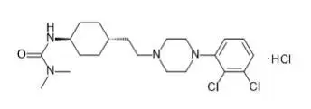 The chemical structure for VRAYLAR is cariprazine HCl, an atypical antipsychotic. The chemical name is trans-N-{4-[2-[4-(2,3 dichlorophenyl)piperazine-1-yl]ethyl]cyclohexyl}-N’,N’-dimethylurea hydrochloride; its empirical formula is C21H33Cl3N4O and its molecular weight is 463.9 g/mol. 