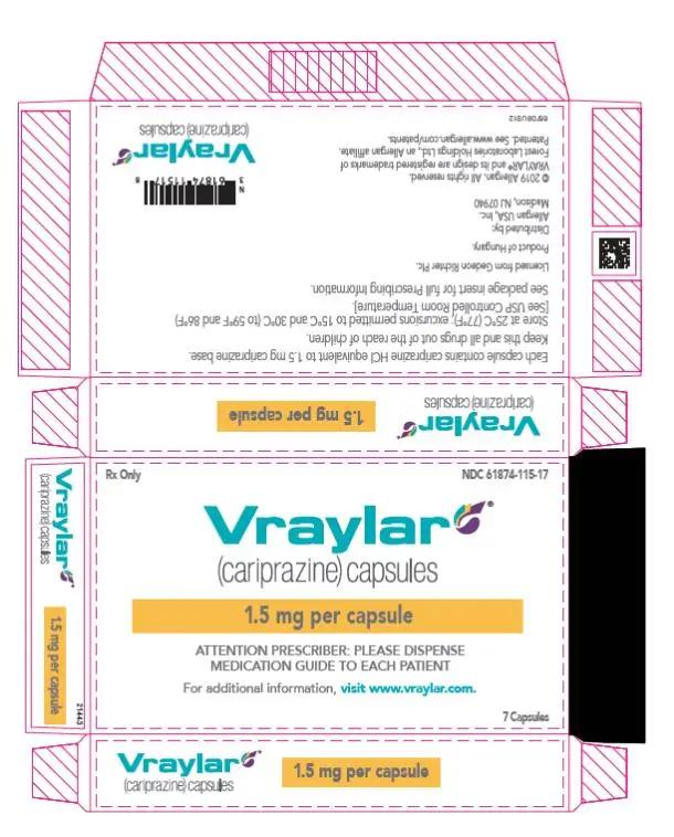 PRINCIPAL DISPLAY PANEL
NDC 61874-115-17
Vraylar
(cariprazine) Capsules
1.5 mg per capsule
7 Capsules
Rx Only
