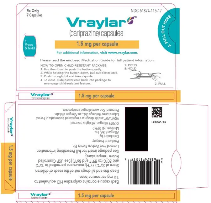 PRINCIPAL DISPLAY PANEL
NDC 61874-115-17
Vraylar
(cariprazine) Capsules
1.5 mg per capsule
7 Capsules
Rx Only
