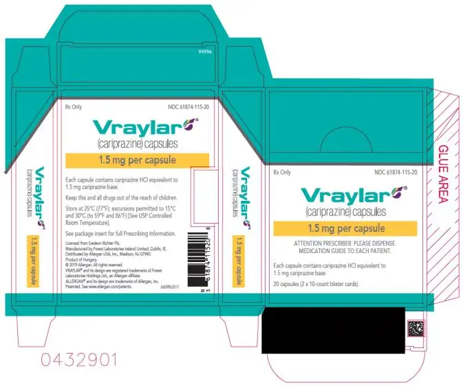 PRINCIPAL DISPLAY PANEL
NDC 61874-115-20
Vraylar
(cariprazine) Capsules
1.5 mg per capsule
20 capsules (2x10-count blister cards)
Rx Only
