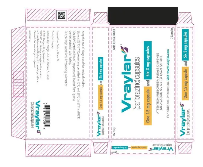 NDC 61874-170-08
Vraylar
(cariprazine) capsules
One 1.5 mg capsule and Six 3 mg capsules
7 Capsules
Rx Only
