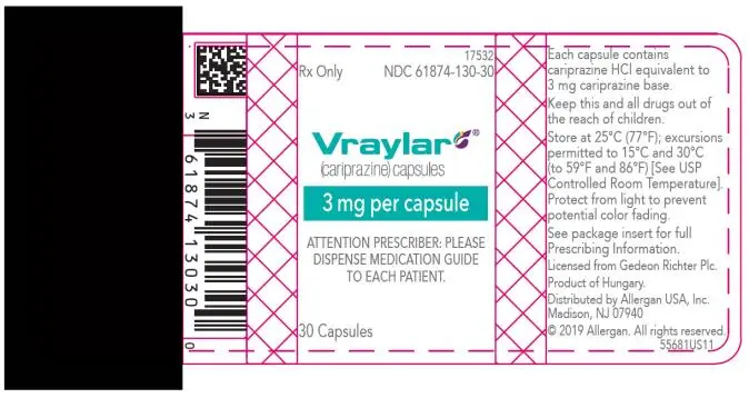 PRINCIPAL DISPLAY PANEL
NDC 61874-130-30
Vraylar
(cariprazine) Capsules
3 mg per capsule
30 Capsules
Rx Only
