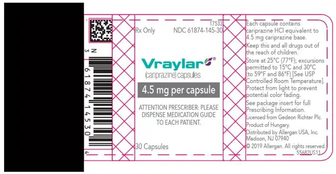 PRINCIPAL DISPLAY PANEL
NDC 61874-145-30
Vraylar
(cariprazine) Capsules
4.5 mg per capsule
30 Capsules
Rx Only
