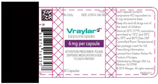 PRINCIPAL DISPLAY PANEL
NDC 61874-160-30
Vraylar
(cariprazine) Capsules
6 mg per capsule
30 Capsules
Rx Only
