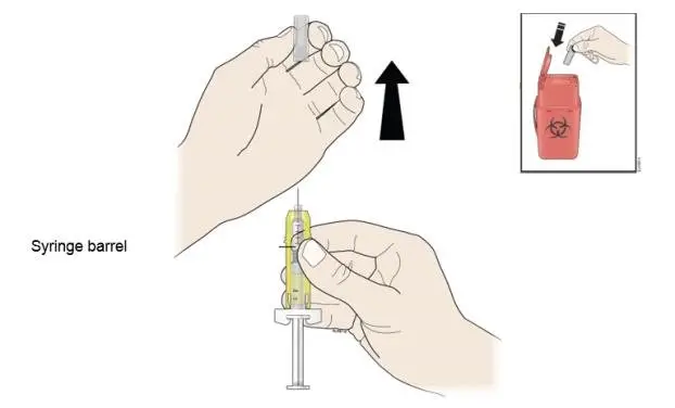 Hold the prefilled syringe by the syringe barrel.  Carefully pull the gray needle cap straight off and away from your body. 