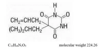  The following structural formula Butalbital (5-allyl-5-isobutylbarbituric acid) is a short-to intermediate-acting barbiturate. 