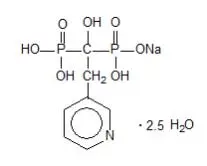  The chemical structure for Risedronate is a pyridinyl bisphosphonate that inhibits osteoclast-mediated bone resorption and modulates bone metabolism. Each Atelvia tablet for oral administration contains the equivalent of 35 mg of anhydrous risedronate sodium in the form of the hemi-pentahydrate with small amounts of monohydrate. The empirical formula for risedronate sodium hemi-pentahydrate is C7H10NO7P2Na •2.5 H2O. The chemical name of risedronate sodium is [1-hydroxy-2-(3-pyridinyl)ethylidene]bis[phosphonic acid] monosodium salt.