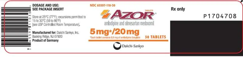 PRINCIPAL DISPLAY PANEL NDC 65597-110-30 AZOR amlodipine and olmesartan medoxomil 5 mg/ 20 mg 30 Tablets Rx Only