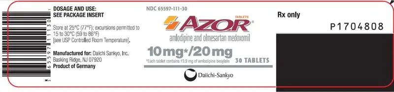 PRINCIPAL DISPLAY PANEL NDC 65597-111-30 AZOR amlodipine and olmesartan medoxomil 10 mg/ 20 mg 30 Tablets Rx Only