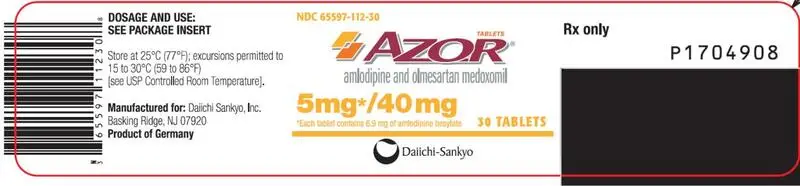 PRINCIPAL DISPLAY PANEL NDC 65597-112-30 AZOR amlodipine and olmesartan medoxomil 5 mg/ 40 mg 30 Tablets Rx Only